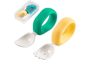 HIWOOD Baby Self Feeding Training Spoon and Fork Set with Travel Case, BPA-Free Cute Circle Toddler Training Utensils, Silicone/ABS Great Tableware Set Spoons Fork for Kids(Deep Green & Light Yellow)