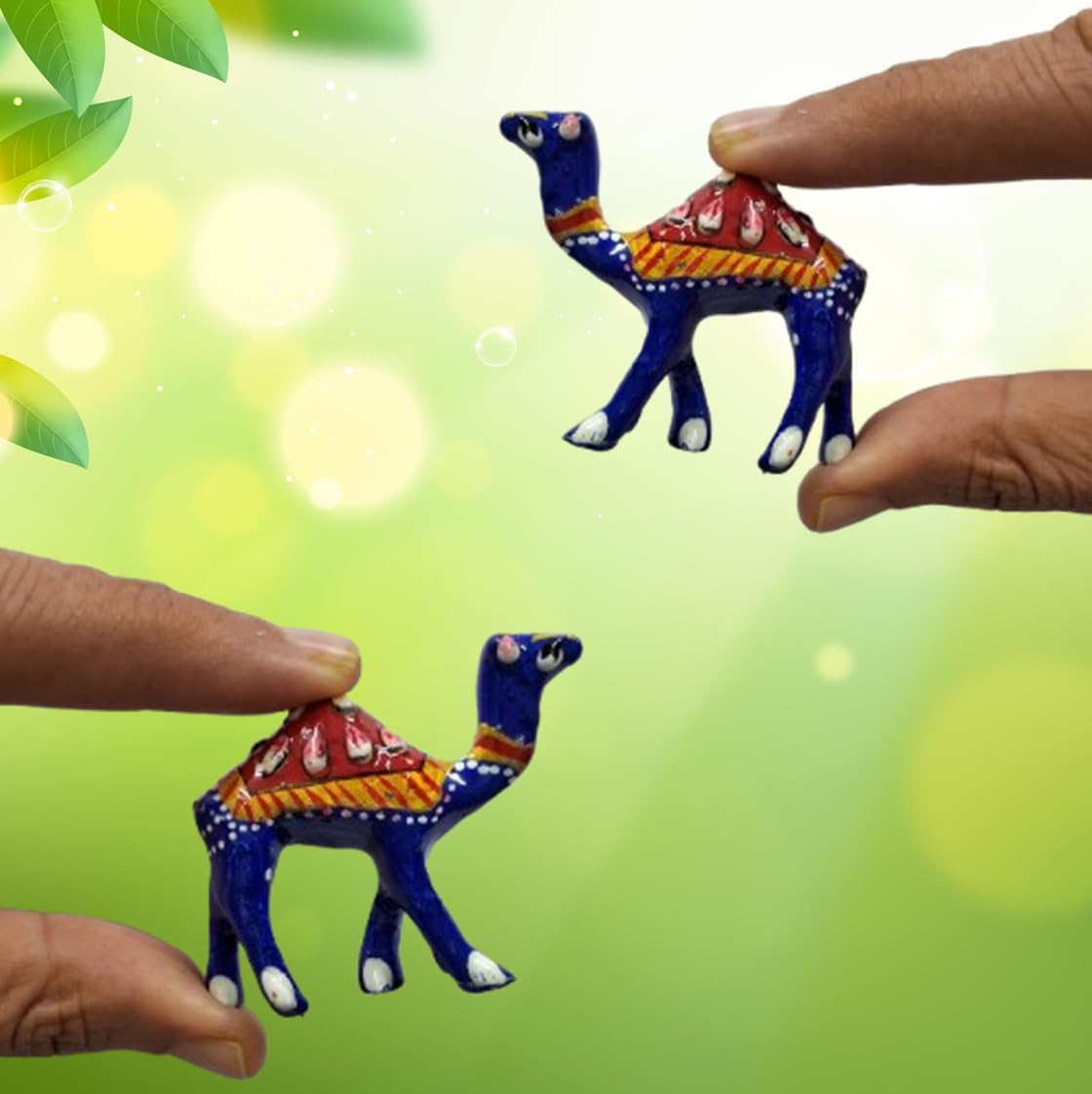 Purpledip Enamelled Metal Miniature Camel Pair: Colorful Meenakari Art, Set of 2 Figurines (12292)