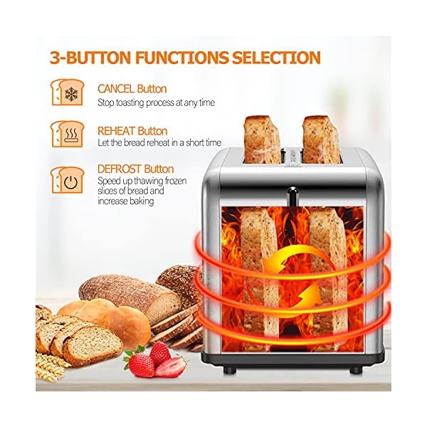 Toaster 2 Slice Wide Slots 815 W, Polished Stainless Steel Housing, 6 Browning Settings, High Lift Feature, Defrost Cancel and Reheat Functions, Slide Out Crumb Tray