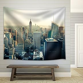 New York City Manhattan Midtown Aerial Panorama View with Skyscrapers at Sunrise - Fabric Wall Tapestry Home Decor - 51x60 inches