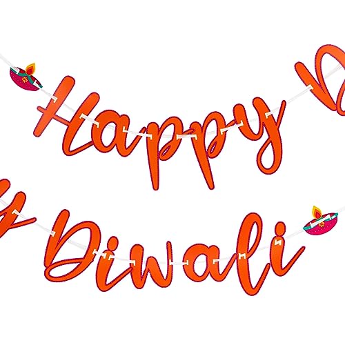 Talking Tables Diwali Bunting Garland | Happy Diwali Hanging Decoration with Diya Candle Design | Reusable Diwali Party Decor, Vibrant Orange, 3 m