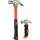 ZUZUAN 2 Piece Hammer Set,Soft Nonslip Handle &amp; Heat Treated Head | Includes 1 Pack 8OZ Mini Stubby Claw Hammer &amp; 1 Pack 16OZ Fiberglass General Purpose Claw Hammer,for House Repairs