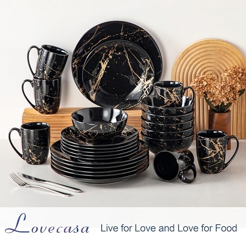 LOVECASA Daphne - 6 Person Dinner Set Plates, Modern Complete Porcelain Tableware, 24 Pieces (Flat Sides, Dessert Bowls, Cereal Bowls, Cups) - Black & Gold Design
