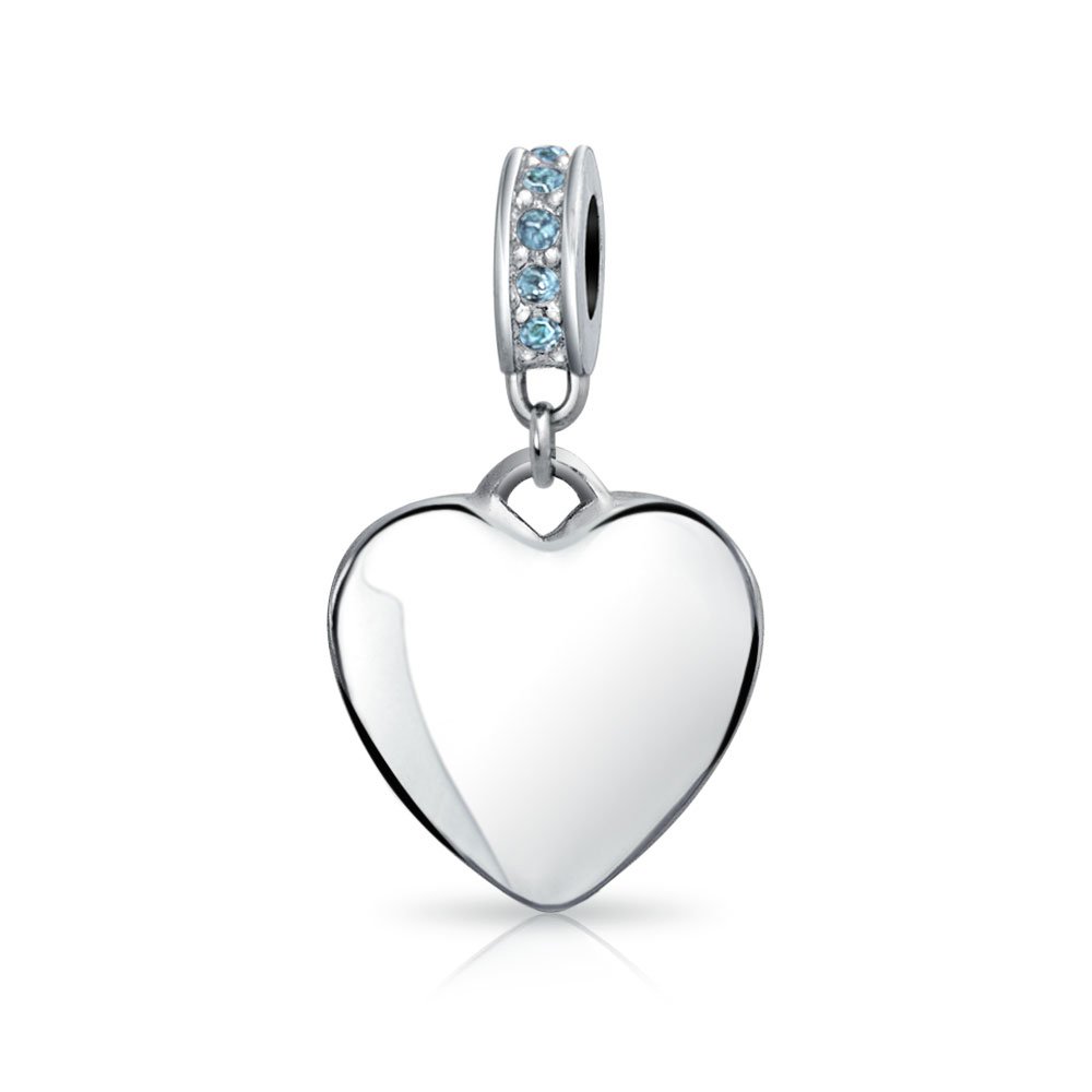 Bling Jewelry Personalized Engravable Initial Monogram Simulated Blue Topaz Crystal Accent Bale Heart Shape Dangle Bead Charm .925 Sterling Silver For Women Teen European Bracelet Customizable