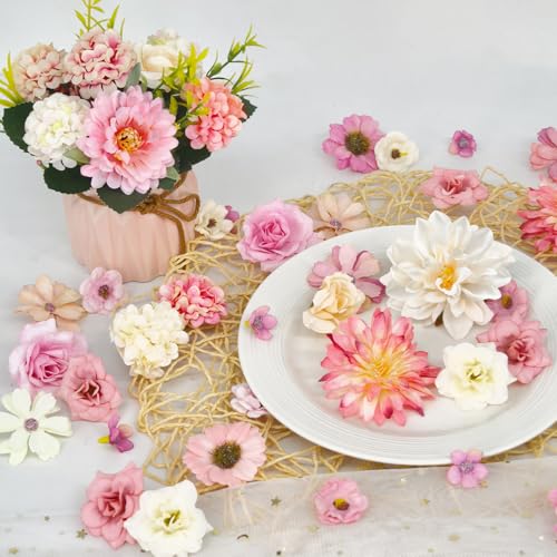 ROLLWAY Pack of 60 Artificial Flowers for Crafts Pink White 18 Types Small Artificial Flowers for Crafts Flower Heads 2 - 8 cm, Mini Artificial Flowers Decorative Flower Heads Fake Flower Decoration for DIY Wedding Cake Decoration