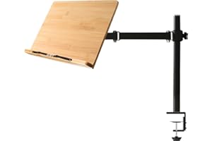 Bamboo Book Stand with Clamp Height Adjustable, wishacc Table Side Cookbook Holder - Desktop Reading Mount Holder with Sturdy Page Clips (13.2 x 9.2 inches)