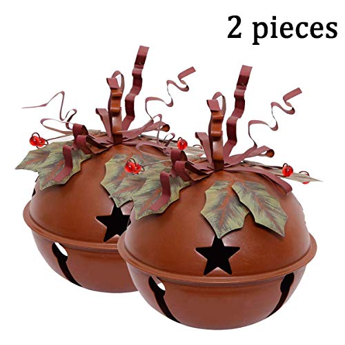 Red Metal Hanging Jingle Bell Decoration Set of 2 Rustic Cut-outs Star Metal Xmas Decorative Jingle Bell Ornament ,Metal Ribbon Festive Rustic Holiday Jingle Bell Christmas Tree Sled Deco (Medium)