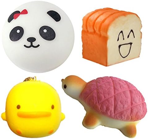 Viccent Pack of 4 Kawaii Scented Jumbo Slow Rising Squishies Panda Turtle Yellow Duck Emoji Toast Card Holder Charms Strap Squeeze Toys