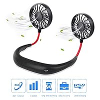 Hand Free Personal Fan,2000mAh USB Rechargeable Mini Sports Neck Hanging Fan with Dual Wind Head and Three Speed Adjustable,360 Degree Free Rotation Perfect for Sports,Traveling Office Room (Black)