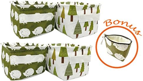 4 pk Collapsible Small Canvas Fabric Storage Cube Bins with Handle and Water Resistant Interior; Decorative Storage in Playrooms and Nursery; Comes with Bonus Pouch for Small Items – Woodland Theme