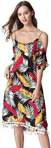 Women Bohemia Cold Shoulder Spaghetti Strap A-line Midi Floral Print Beach Dress with Lace Trim