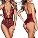 AnloveKiss Women Sexy Lingerie-Deep V Neck Backless Halter Teddy Bodysuit Perspective Lace Babydoll Underwear (S, Wine Red)
