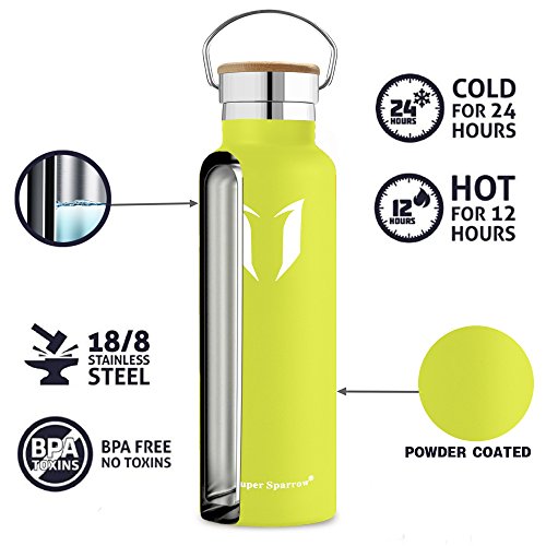 Super Sparrow Stainless Steel Vacuum Insulated Water Bottle, Double Wall Design,Standard Mouth - 500ml & 750ml - BPA Free - with 2 Exchangeable Caps + Bottle Pouch (Lemon, 500ml-17oz) - Thumbnail 3
