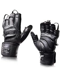 Guantes de gimnasio de cuero Elite con muñequeras de 2 pulgadas de ancho integradas, el mejor agarre y diseño para levantamiento de pesas, levantamiento de potencia, culturismo y ejercicios de entrenamiento de fuerza.