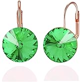 YONVUN Austrian Crystal Round Drop Dangle Leverback Earrings | Plated 18K/Rose Gold Zircon Gemstone Birthstone Hoop Hanging Dangly Earrings Jewelry Gift for Wife Mom Daughter Girlfriend