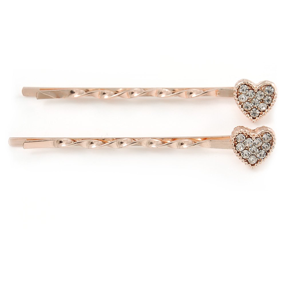 2 Clear Crystal Heart Hair Grips/Slides In Gold Plating - 55mm L