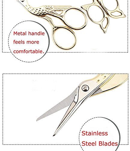 BIHRTC Gold Stainless Steel Sharp Tip Classic Stork Scissors Crane and Butterfly Design Sewing Scissors DIY Tools for Embroidery, Sewing, Craft, Art Work & Everyday Use