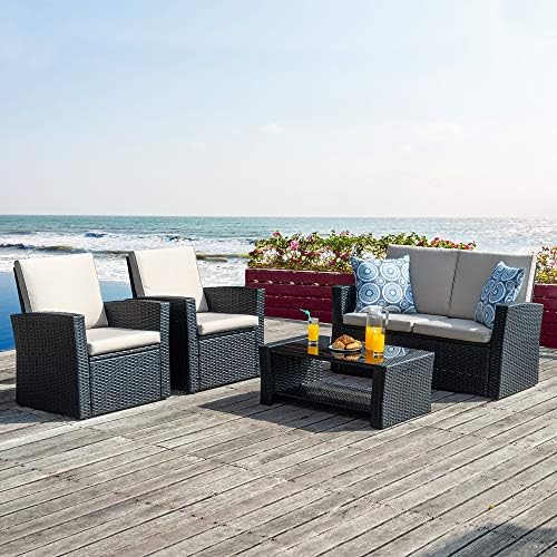 Walsunny Quality Outdoor Living,Outdoor Patio Furniture Sets,4 Piece Conversation Set Wicker Ratten Sectional Sofa with Seat Cushions (Brown)