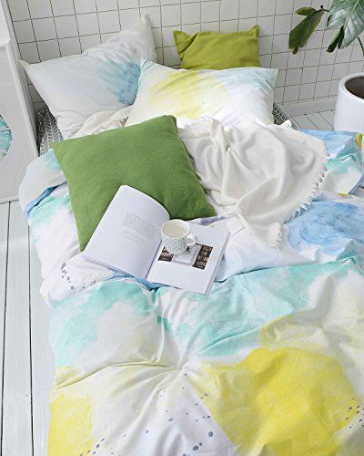 Watercolor Duvet Cover Set, 100% Cotton Bedding, Teal Blue Yellow Gray Painting Pattern Printed on White, with Zipper Closure (3pcs, Queen Size)