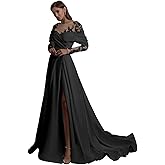 Zeeyecie Off The Shoulder Long Sleeve Satin Wedding Dresses A-Line Beaded Lace Applique Sparkly Bridal Gowns for Brides