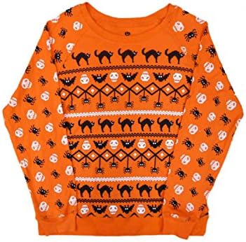 Happy Halloween Junior Womens Orange Sweatshirt Spooky Cat Spider Skull Bats L