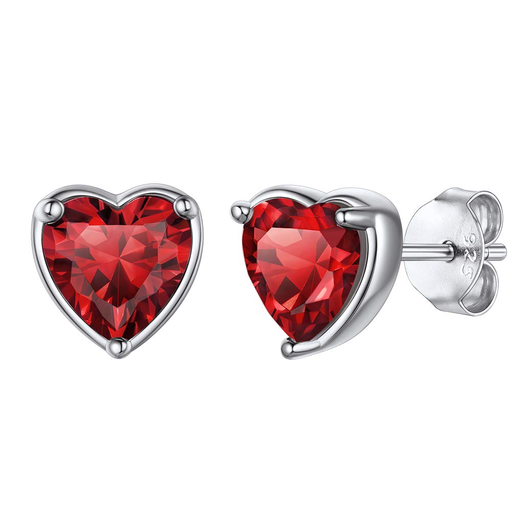 Silvora Sterling Silver Heart Stud Earrings for Women with Cubic Zirconia Birthstone Hypoallergenic Jewellery Gifts for Ladies Mum Girls