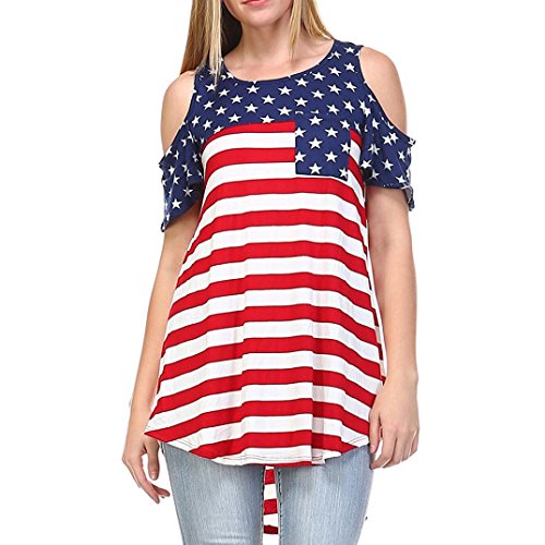 Limsea Hot Sale! Fashion Women American Flag Print O-Neck Strapless Tops Shirt Blouse