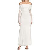 KUTUMAI Women Off Shoulder Bodycon Maxi Dress Long Sleeve Mesh Ruched Party Formal Wedding Guest Dresses