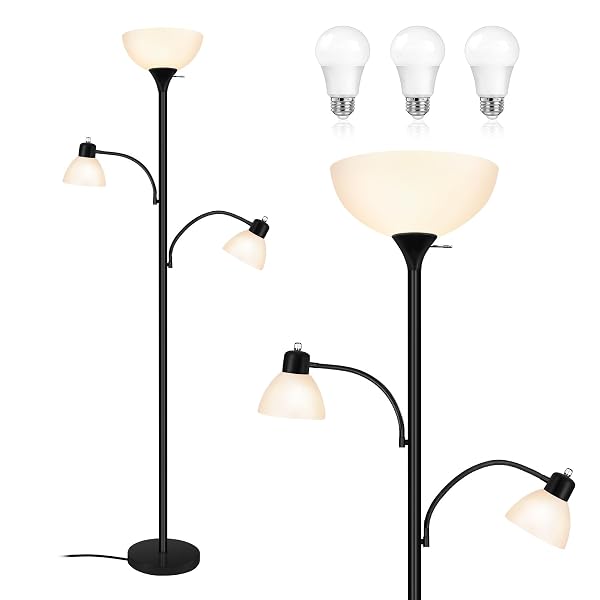 LUVKCZC FLOOR LAMPS FOR LIVING ROOM, 72″ TALL TORCHIERE FLOOR LAMP WITH 8W ADJUSTABLE READING LIGHTS, INDUSTRIAL LAMPS FOR LIVING ROOM, BEDROOM, OFFICE, BLACK TREE FLOOR LAMP【3 BULBS INCLUDED】