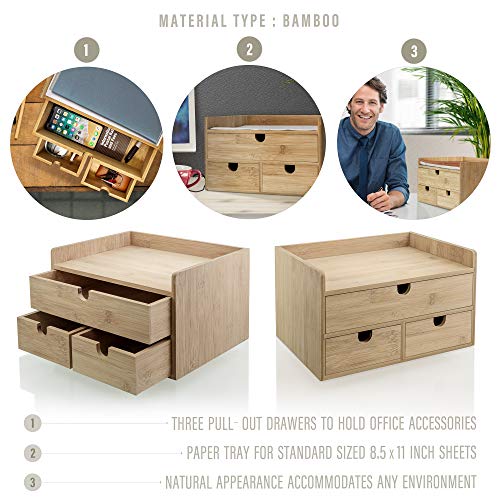 Prosumer’s Choice Bamboo Desk Organizer with 3 Drawers for Office Supplies, Includes Top Shelf for 8.5 x 11” Paper - Thumbnail 3