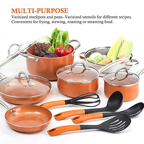 SHINEURI 19 Piece Copper Nonstick Cookware Set - 10 Pieces Kitchen Pots and Frying Pan Set, 5 Pieces Bakeware Set & 4 Pieces Cooking Utensil - Dishwasher & Oven Safe, PFOA/PTFE Free (Copper)