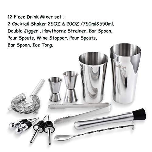 Cocktail-Shaker, 750 ml, mit Sieb, Doppelbecher, Bar-Rührlöffel, für Barkeeper, perfekt als Weihnachtsgeschenk 12-Piece… – Bild 3