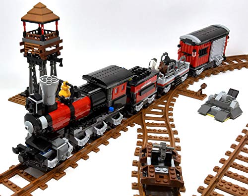 Modbrix Bausteine Wild West Eisenbahn Zug mit 3 Waggons,Schienen und Draisine – Bild 3