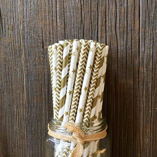 JPACO Gold Paper Straws (75 Pack, Stripe, Chevron, Star Designs) 100% Biodegradable