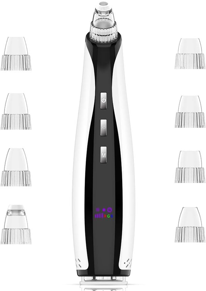 Blackhead Remover,BESWILL Rechargeable Pore Vacuum Cleaner 8-in-1 Comedo Suction Removal Machine with Red Blue Green Cosmetic Lamp and Hot/Cold Compress Functions for All Skin Type