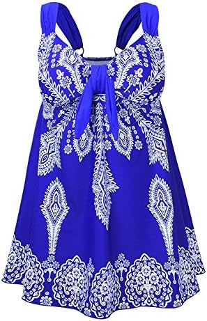 Plus Size Swimwear Ciko Women's Swimsuits High Waisted Swimdress Printed Tankini 2 Pieces with Swim Shorts for Women (US 18-20W, Blue)