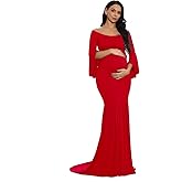 ZIUMUDY Maternity Retro Off Shoulder Flare Sleeves Mermaid Gown Maxi Photography Dress for Baby Shower