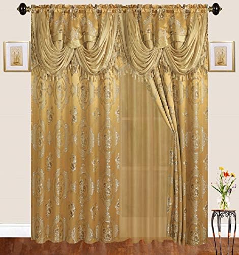 Dhadoul Luxury Jacquard Curtains Window Panels with Backing, Valance and tie Backs- Emma D122 (GC640 Gold)