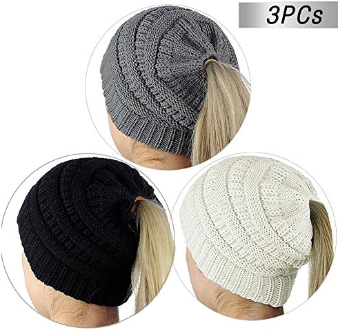 URUNIQ Women Beanie Ponytail Hat Messy High Bun Knit Hat Cotton Ribbed Stretchy Cap (Black&amp;Grey&amp;White)