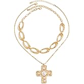 NFVITLP Layered Gold Chunky Cross Necklace for Women Stacked Stacked Geometric Square Cross Big Pendant Necklace Hip-Hop Necklace Jewelry