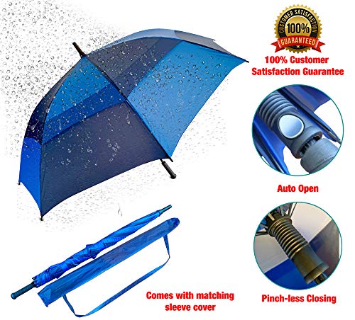 Procella Golf Umbrella Windproof Waterproof - 62 Inch Large Automatic Open Rain & Wind Resistant Vented Double Canopy - Best Golf-Sized Stick Umbrellas for Men and Women (Navy Blue/Light Blue)