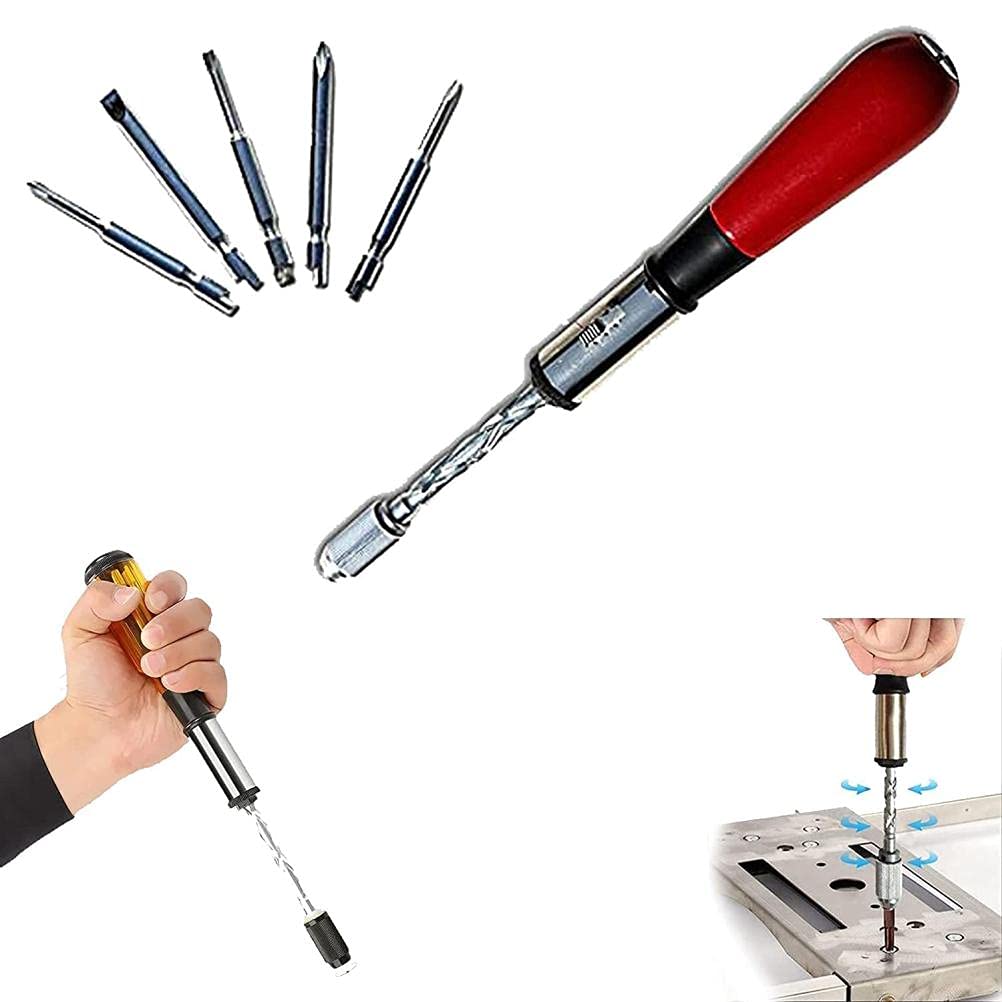 KENANLAN Push Pull Ratchet Screwdriver Adjustment Spiral Ratchet Screwdriver with 5 Replaceable Heads (red)