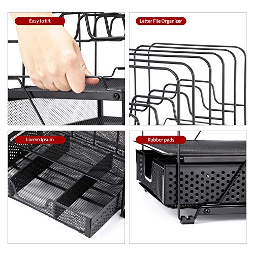 Simple Trending 2-Tray Mesh Desk File Organizer with Drawer Organizer and 6 Removable File Sorter, Office Document Letter Tray Folder Holder for Desk Organizers and Accessories, Black