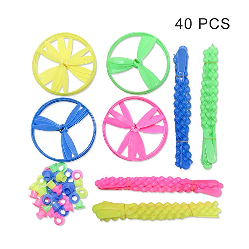 zoordo Twisty Flying Saucers,Pull String Helicopter, 40Pack Flying Disc, Kids Outdoor Play Toys