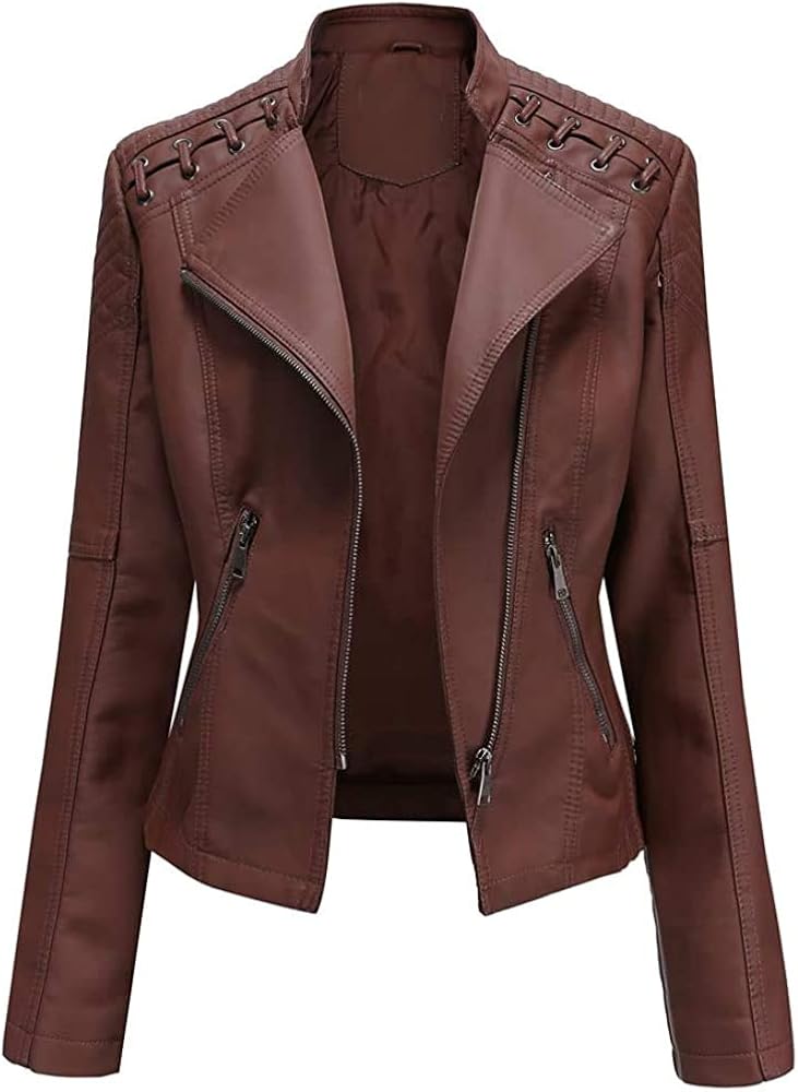 Chaqueta De Piel Sintética Para Mujer - Estilo Motera, Cremallera Frontal, Varios Colores Y Tallas S-4XL