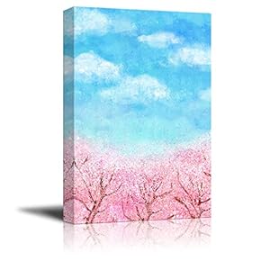 Canvas Wall Art - Oil Painting Style Pink Cherry Blossom Under Sunny Blue Sky in Spring - Giclee Print Gallery Wrap Modern Home Art Ready to Hang - 12x18 inches