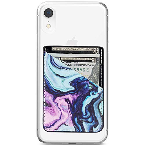Obbii Nature Blue Purple Marble PU Leather Card Holder for Back of Phone with 3M Adhesive Stick-on Credit Card Wallet Pockets for iPhone and Android Smartphones