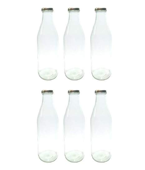 Favola Glass Milk, Water and Juice Bottle with Air Tight Cap, 1 Litre, Set of 6, White
