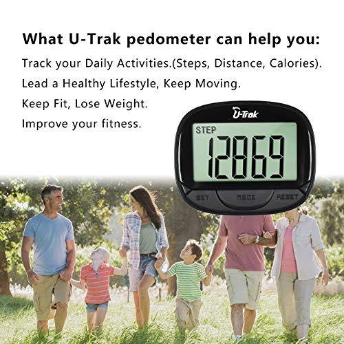 U-Trak Simple Pedometer with Clip Step Counter Tracking Accurate Steps/Walking Distance in Miles/KM/Calories Large LCD Display Portable Fitness Tracker for Walking Running Outdoor Sports Black - Thumbnail 4