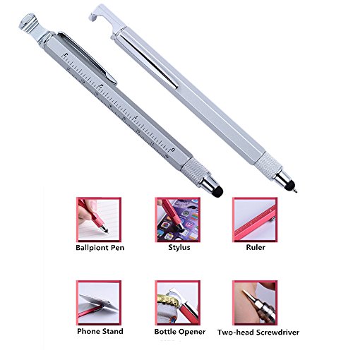 Shulaner 7 in 1 Tech Tool Ballpiont Pen with Ruler, Bottle Opener, Phone Stand, Ballpoint Pen, Stylus and 2 Screw Driver, Multifunction Tool Fit for Mens Gift (2 Silver) - Thumbnail 4